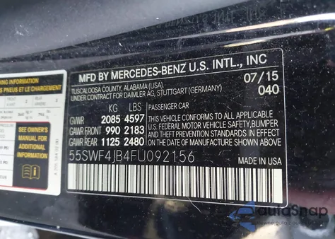 2015 Mercedes-Benz C 300 Luxury/Sport from USA, damaged, VIN 55SWF4JB4FU092156